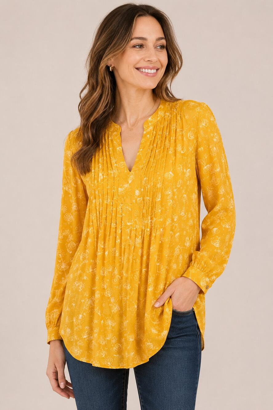 Old Navy Yellow Dandelion Print Tunic Blouse Peasant Boho Top V-Neck Medium